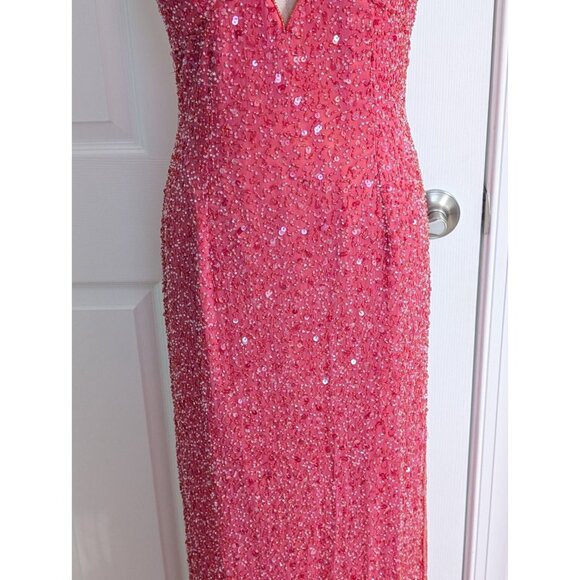 Vintage Y2K Scala Beaded Silk Halter Key Hole Backless Pink Double Slit Gown M - Picture 3 of 15